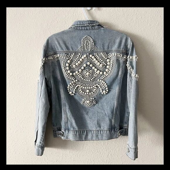 Sandro Blue Cuba To Paris Eriko Pearl Beaded Denim Button Jacket Size 1 Small - Picture 1 of 10